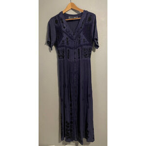 Vintage M.P.H. Dress Womens Medium Purple Blue Boho Maxi Button Up Embroidered